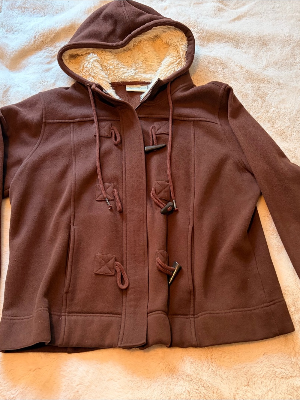 Studio Works Sport Brown Toggle Hooded Fleece Jacket Sherpa Lined Size Large